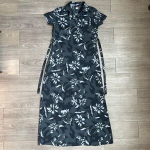 Vintage 90s Grey Floral Tie Back Collared Maxi Dress Size M